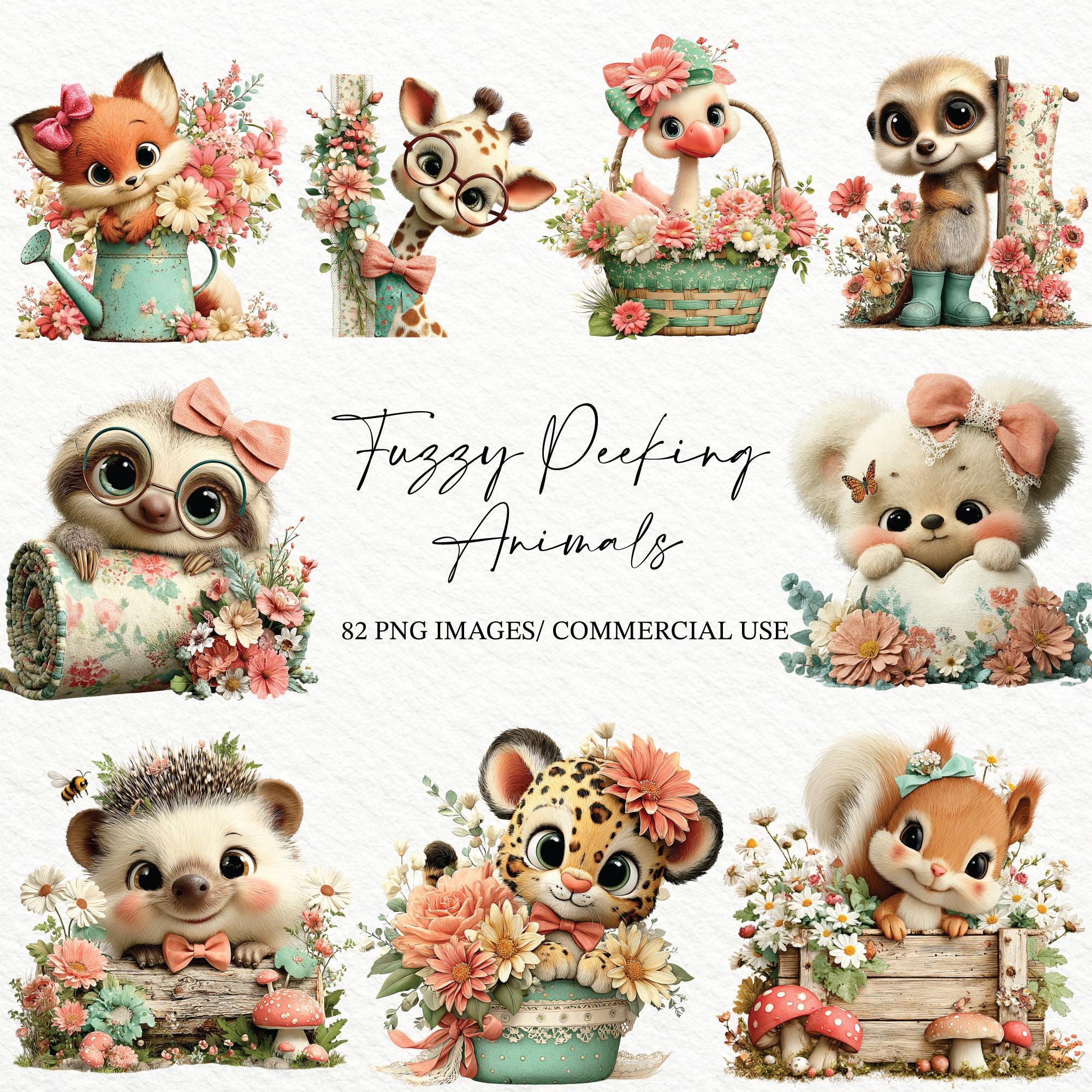 82 Fuzzy Peeking Animals PNG Clipart | Floral Baby Animals Watercolor ...