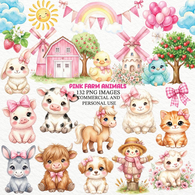 Pink Farm Animals Clipart Bundle – 140+ Coquette Farmhouse Pngs, Cute ...