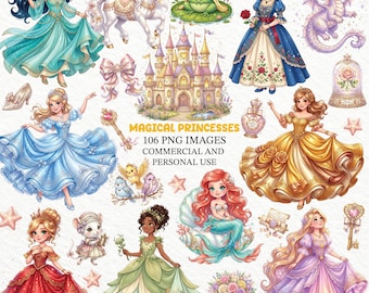 106 Magical Princess Clipart Bundle PNGs-Watercolor Princess, Fantasy Characters Clip Art Commercial Sublimations Graphics Illustrations-DIY