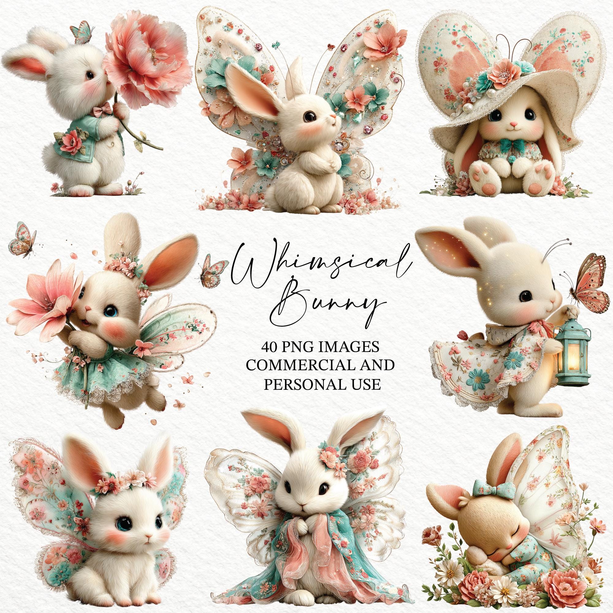 Whimsical Bunny Clipart Bundle 40 Pngs Watercolor Rabbits Cottagecore ...