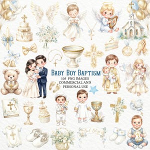 May include: A digital collection of watercolour illustrations for a baby boy baptism, featuring angels, a church, a teddy bear, a cross, a baptismal font, a chalice, baby clothing, shoes, floral arrangements, and the text Baby Boy Baptism.