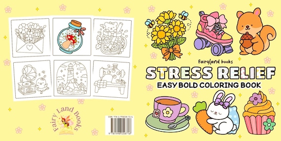 Printable Stress Relief Easy Bold Coloring Book, Kawaii Animals & Flowers , Simple Art Therapy Relaxation