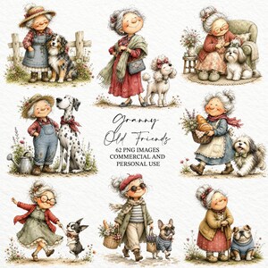 Può includere: Illustrazioni ad acquerello di donne anziane con i loro cani. Le immagini presentano il testo "Granny Old Friends" e indicano che ci sono 62 immagini PNG disponibili per uso commerciale e personale. Le illustrazioni raffigurano le donne in varie scene con i loro cani.