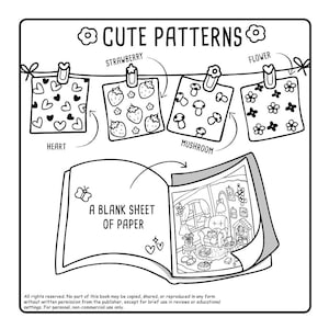 May include: Black and white illustration of a book with the text "A BLANK SHEET OF PAPER". Above the book are three patterned squares: hearts, strawberries, mushrooms, and flowers. The text "CUTE PATTERNS" is at the top.