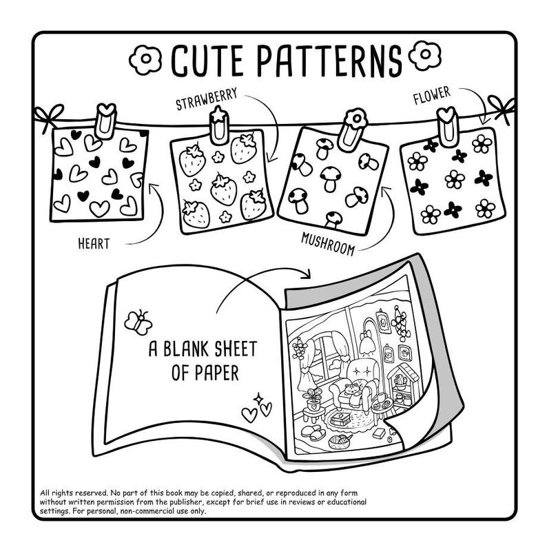 May include: Black and white illustration of a book with the text "A BLANK SHEET OF PAPER". Above the book are three patterned squares: hearts, strawberries, mushrooms, and flowers. The text "CUTE PATTERNS" is at the top.