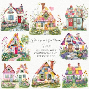 May include: Watercolor illustrations of whimsical patchwork houses. Each house features a unique design with colorful patchwork roofs, doors, and windows. The houses are surrounded by flowers and greenery, creating a charming and idyllic scene. Text reads "Whimsical Patchwork House" and "135 PNG Images Commercial and Personal Use."