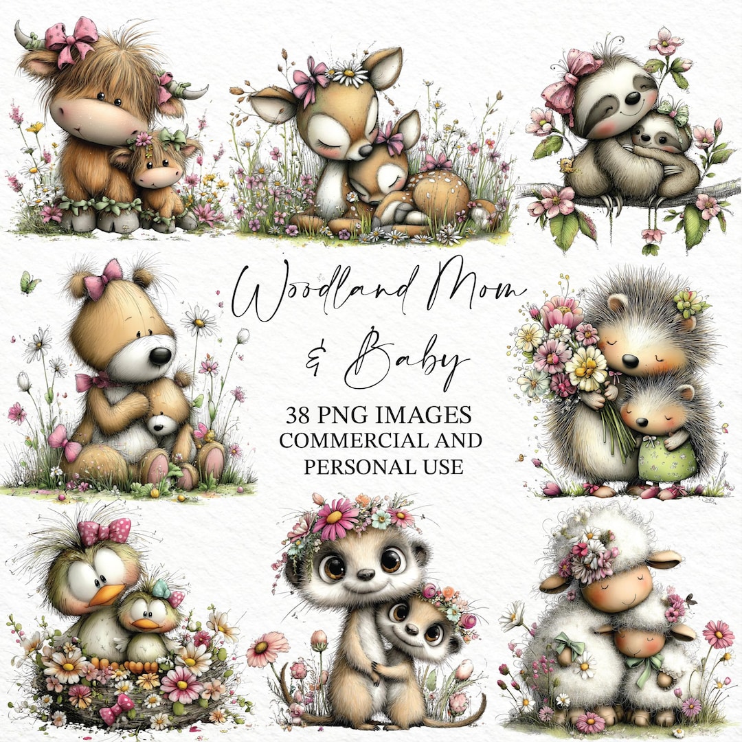 Woodland Mom & Baby Clipart Bundle, 38 Pngs Mother and Baby Animals ...