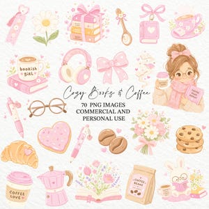 Peut inclure: Une collection d'illustrations à l'aquarelle roses et beiges sur le thème du confort. L'image comprend des livres, des tasses à café, des fleurs, une fille avec des lunettes et le texte "Cozy Books & Coffee". Le texte "70 PNG IMAGES COMMERCIAL AND PERSONAL USE" est également inclus.