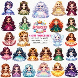 May include: A selection of chibi princess illustrations, each with unique dresses and hairstyles. The image features the word "Princess" in a colourful design, plus the text "Chibi Princesses" and usage information.