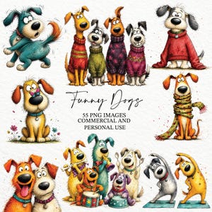Peut inclure: Illustration colorée de chiens de dessins animés amusants dans diverses poses. Certains chiens portent des pulls, des écharpes ou jouent d'instruments. Le texte "Funny Dogs" et les détails des images PNG sont inclus.