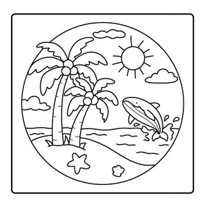 May include: Black and white illustration of a tropical scene within a circle. Palm trees, a sun, clouds, and a dolphin jumping out of the water are depicted. A starfish and seashell are at the bottom.