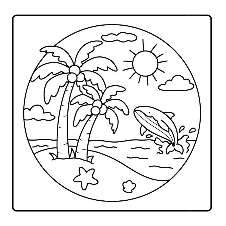 May include: Black and white illustration of a tropical scene within a circle. Palm trees, a sun, clouds, and a dolphin jumping out of the water are depicted. A starfish and seashell are at the bottom.