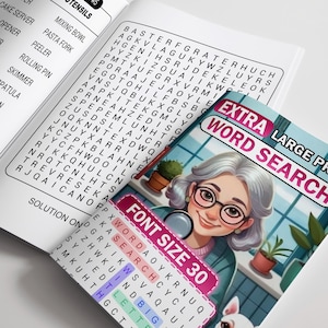 Op de afbeelding: Een open boek met een woordzoekpuzzel en een omslag met een illustratie van een vrouw met een bril die een vergrootglas vasthoudt. De tekst op de omslag luidt "EXTRA LARGE PRINT WORD SEARCH" en "FONT SIZE 30".