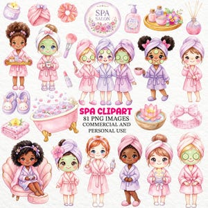 Könnte beinhalten: Eine digitale Illustration mit Spa-Themen-Clipart. Das Bild zeigt mehrere Cartoon-Mädchen in rosa und lila Bademänteln, mit Gesichtsmasken und Spa-Zubehör. Der Text "SPA CLIPART" ist ebenfalls vorhanden.