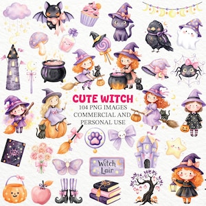 Peut inclure: Ensemble d'illustrations à l'aquarelle sur le thème d'Halloween, avec de jolies sorcières, des chats noirs, des chauves-souris, des chaudrons et d'autres éléments. Le texte "CUTE WITCH" est affiché, ainsi que le nombre d'images et les informations d'utilisation.