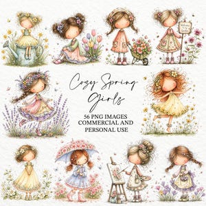 May include: A collection of watercolour illustrations depicting charming girls in spring scenes. The image shows girls with floral decorations, interacting with garden elements. Text reads "Cozy Spring Girls" and "56 PNG Images Commercial and Personal Use."