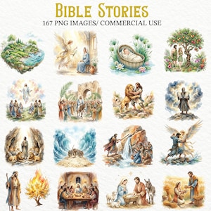 Könnte beinhalten: Eine digitale Sammlung von 167 PNG-Bildern im Aquarellstil mit dem Titel BIBLE STORIES, die verschiedene Szenen wie die Schöpfung, die Geburt Christi, die Teilung des Roten Meeres, das Abendmahl und andere biblische Erzählungen mit Figuren und Landschaften zeigt.