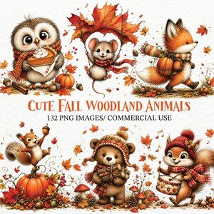 May include: A digital collection of illustrations featuring woodland animals in autumn settings, including an owl with pumpkin pie, a mouse with a leaf umbrella, a fox with a pumpkin, a squirrel, a bear with logs, and a squirrel playing a drum.