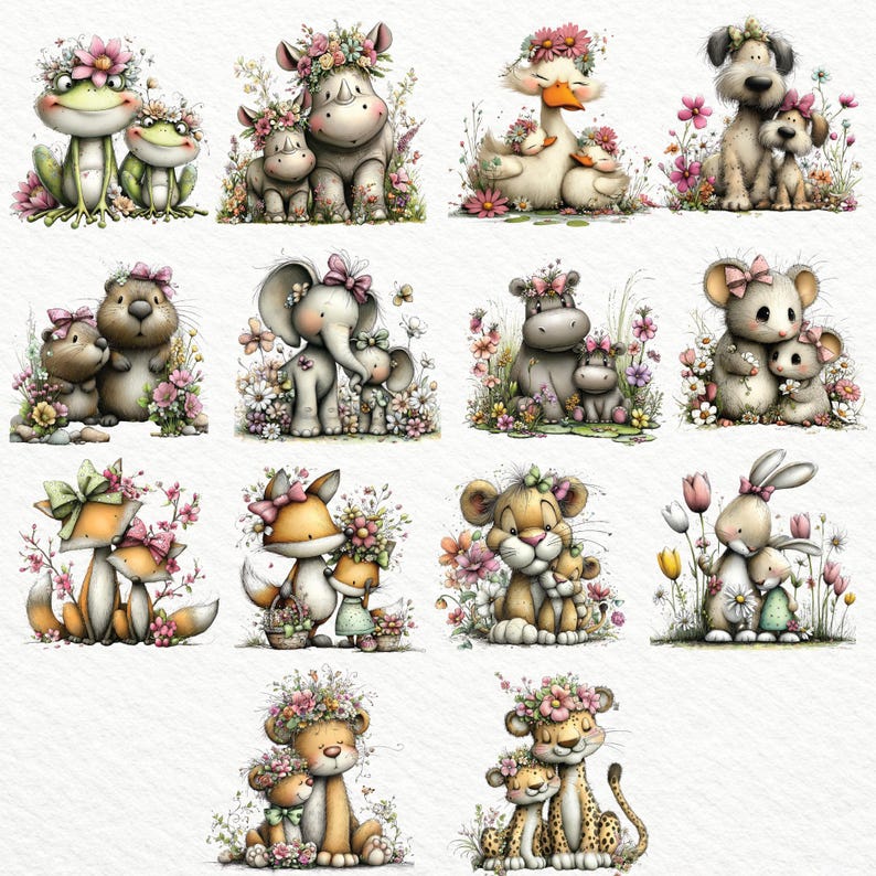 Woodland Mom & Baby Clipart Bundle, 38 Pngs Mother and Baby Animals ...