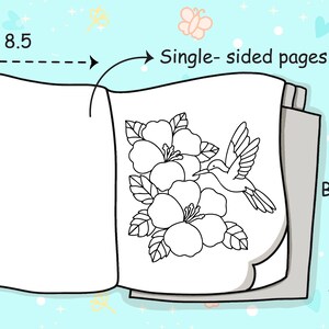 May include: An open book with blank, single-sided pages, measuring 8.5 inches wide. One page features a black and white illustration of flowers and a hummingbird. The background is light blue with butterfly and heart decorations.