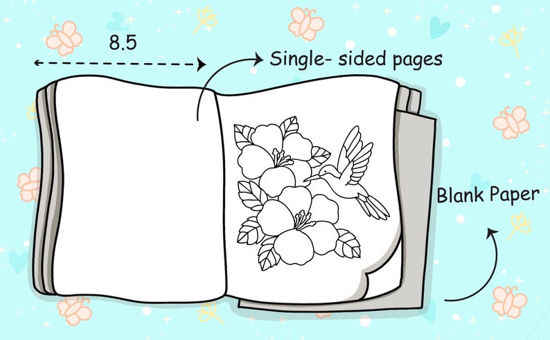 May include: An open book with blank, single-sided pages, measuring 8.5 inches wide. One page features a black and white illustration of flowers and a hummingbird. The background is light blue with butterfly and heart decorations.