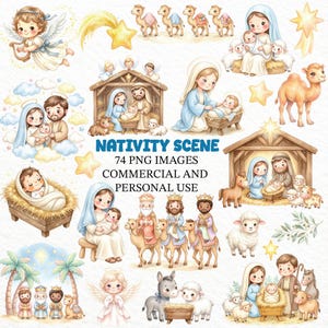 May include: Watercolour illustrations depicting a Nativity scene with Mary, Joseph, baby Jesus, angels, camels, and the Three Wise Men. The text reads "Nativity Scene" and "74 PNG Images Commercial and Personal Use."
