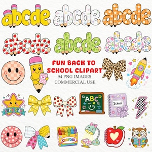 Könnte beinhalten: Eine Sammlung von Schul-Cliparts mit Buchstaben in Bleistiftform, Smileys, Schleifen, einem Raketen-Bleistift, einer Tafel, einem Notizbuch, einer Buntstiftbox, einer Lampe, einem Apfel und einer Eule mit dem Text FUN BACK TO SCHOOL CLIPART.