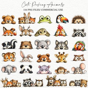 May include: A collection of 116 digital illustrations featuring various animals peeking over a horizontal edge. The set includes bears, foxes, rabbits, a frog, a toucan, a hedgehog, a turtle, a rooster, a raccoon, a skunk, a koala, a wolf, a parrot, a tiger, a giraffe, an owl, an elephant, a panda, a hippo, a monkey, and a mouse, all rendered in a colourful, cartoon-like style.
