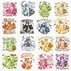 May include: A collection of sixteen individual illustrations featuring ghosts in various colors and patterns, each holding a pumpkin bucket. The designs include text such as Pink Tricks Pretty Treats, Blue Moon Boo, Glow Ghost Gang, and Boo to the Bone.