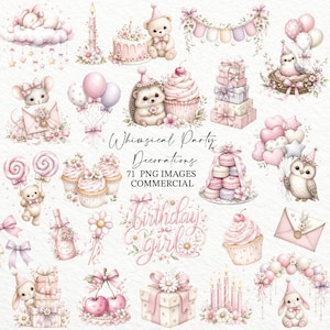 May include: A collection of digital illustrations featuring pink and pastel party decorations including teddy bears, bunnies, owls, cupcakes, macarons, gift boxes, balloons, and floral accents with the text Whimsical Party Decorations 71 PNG IMAGES.