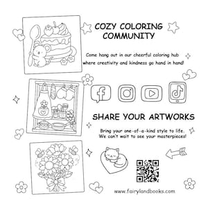 May include: Black and white line art illustration with the text "COZY COLORING COMMUNITY". The image includes drawings of a cake, a kitchen scene, and a bouquet of flowers. Social media icons are also present.