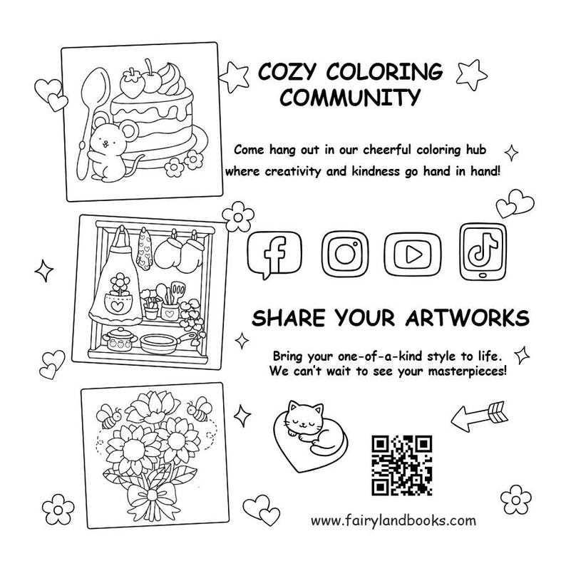 May include: Black and white line art illustration with the text "COZY COLORING COMMUNITY". The image includes drawings of a cake, a kitchen scene, and a bouquet of flowers. Social media icons are also present.