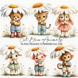 Könnte beinhalten: Eine digitale Illustration mit sechs entzückenden Cartoon-Tieren, die jeweils eine große Gänseblume über sich halten. Die Tiere, darunter ein Bär, ein Tiger, ein Hase, ein Lamm, ein Schwein und ein Affe, tragen Latzhosen oder Kleider. Der Text "Cute Bloom Animals" und "36 PNG Images/ Commercial Use" ist ebenfalls vorhanden.