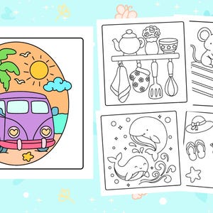 May include: A coloring book with four illustrations. One shows a purple van on a beach with a palm tree and sun. Other pages depict kitchen items, a mouse with coffee, and beach accessories.