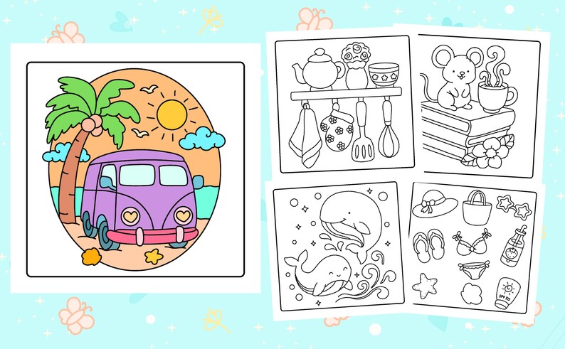 May include: A coloring book with four illustrations. One shows a purple van on a beach with a palm tree and sun. Other pages depict kitchen items, a mouse with coffee, and beach accessories.