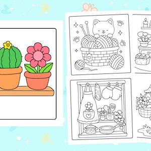 May include: A coloring book page featuring four panels with line art illustrations. One panel shows potted plants on a shelf. Other panels depict a cat with yarn, a bathroom scene, and a duck with a basket of flowers.