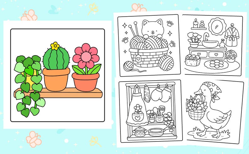 May include: A coloring book page featuring four panels with line art illustrations. One panel shows potted plants on a shelf. Other panels depict a cat with yarn, a bathroom scene, and a duck with a basket of flowers.