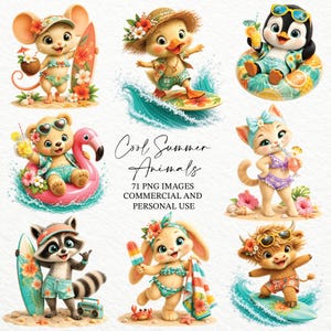 May include: A digital illustration featuring cartoon animals enjoying summer activities. A mouse, duck, penguin, bear, cat, raccoon, bunny, and bull are depicted with surfboards, drinks, and beach attire. Text reads "Cool Summer Animals" and "71 PNG Images Commercial and Personal Use."