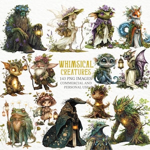Nyckfulla varelser Clipart-paket, Fantasy PNG-grafik, Feer, Tomtar, Skogsdjur, Magisk Skogsmark Clipart, Fantasykonst, Sublimeringar