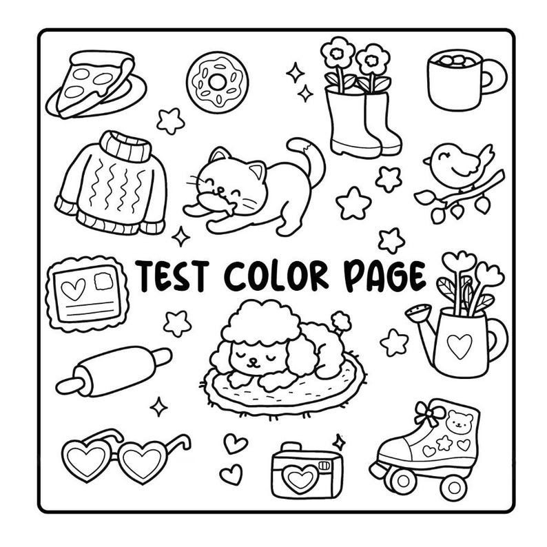 May include: Black and white line art coloring page with various cute illustrations, including a pizza slice, donut, sweater, cat, dog, sunglasses, camera, roller skate, and text that reads "TEST COLOR PAGE".