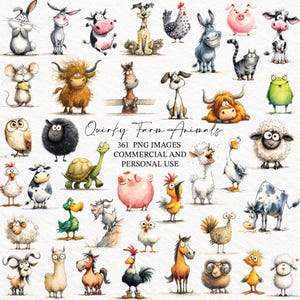 Könnte beinhalten: Eine Sammlung von Illustrationen im Aquarellstil mit verschiedenen Bauernhoftieren wie Kühen, Schweinen, Schafen, Hühnern, Pferden und Ziegen, mit dem Text Quirky Farm Animals 361 PNG IMAGES COMMERCIAL AND PERSONAL USE in der Mitte.