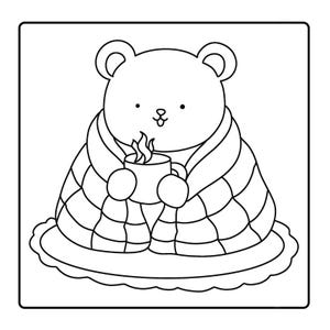 May include: Line art illustration of a bear wrapped in a blanket, holding a mug with steam rising. The bear is sitting on a decorative surface. The blanket has a checkered pattern.