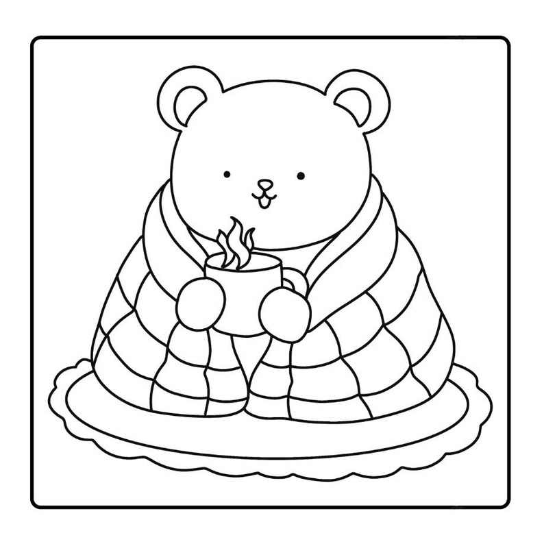 May include: Line art illustration of a bear wrapped in a blanket, holding a mug with steam rising. The bear is sitting on a decorative surface. The blanket has a checkered pattern.