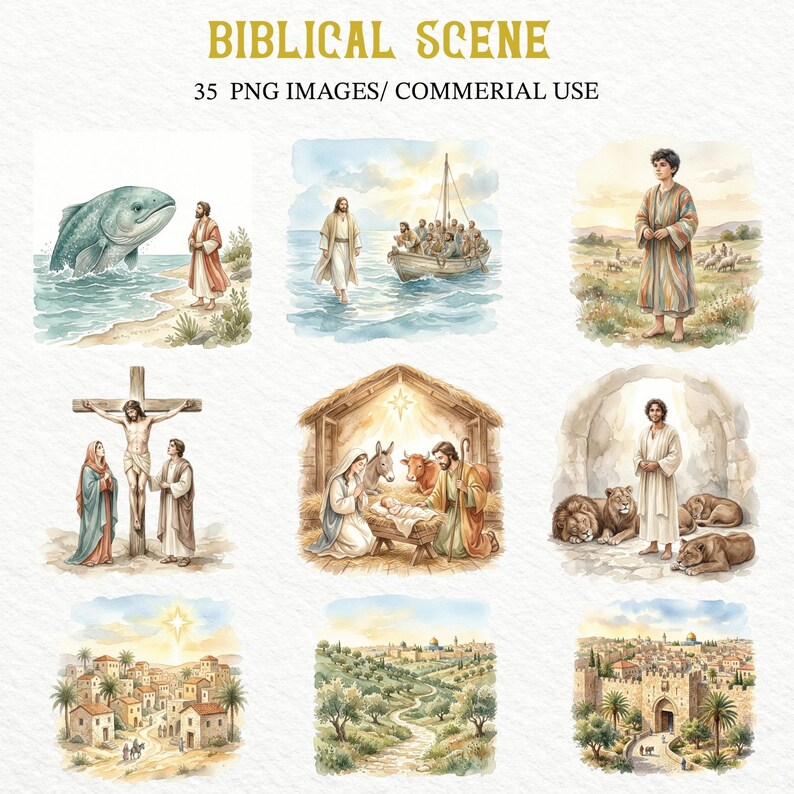 Biblical Scene Clipart Bundle, Bible Story Watercolor PNG, Jesus Life ...