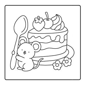May include: Black and white line art illustration of a cartoon mouse next to a layered cake topped with a strawberry, cherry, and whipped cream. A spoon and two flowers are also in the image. The image is in a square frame.