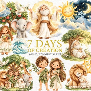 Pode incluir: Um conjunto de ilustrações digitais intitulado 7 DAYS OF CREATION 97 PNG/ COMMERCIAL USE apresentando personagens em estilo aquarela, incluindo uma figura barbuda, crianças, um leão, um cordeiro, um elefante, uma girafa, uma baleia e elementos celestiais.
