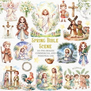 Könnte beinhalten: Eine Sammlung von Aquarellillustrationen mit religiösem Thema. Die Bilder zeigen Engel, Jesus, Kreuze und Szenen aus der Bibel. Der Text lautet "Spring Bible Scene" und "101 PNG Images Commercial and Personal Use". Die Farbpalette ist sanft mit Pastelltönen.