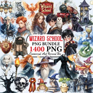 Könnte beinhalten: Ein digitales Kunstpaket mit Fantasy-Elementen. Das Bild enthält Illustrationen von Zauberern, Eulen, einem Zug, einem Phönix und den Text "WIZARD SCHOOL PNG BUNDLE 1400 PNG Commercial And Personal Use."