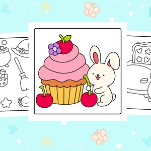 May include: A collection of three coloring pages featuring cute illustrations. One page shows a cupcake with a bunny and cherries. Another page has a toaster with toast and a hamster. The third page has Halloween-themed drawings.