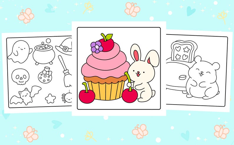 May include: A collection of three coloring pages featuring cute illustrations. One page shows a cupcake with a bunny and cherries. Another page has a toaster with toast and a hamster. The third page has Halloween-themed drawings.
